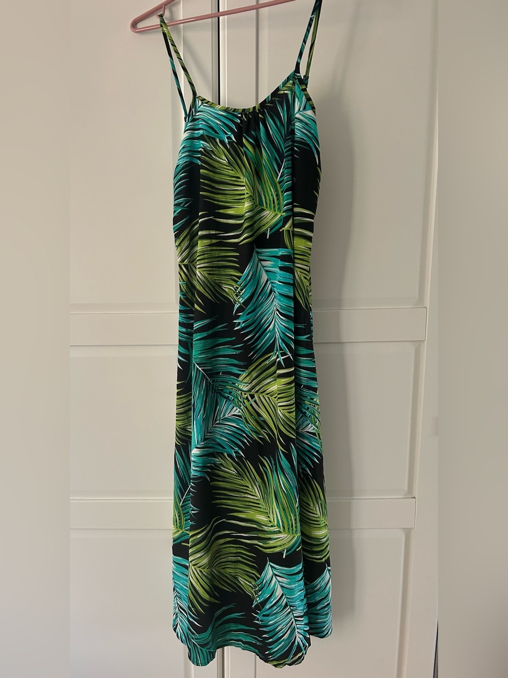 SHEIN Black Tropical Palm Print Slip Dress with Green and Teal Leaves
